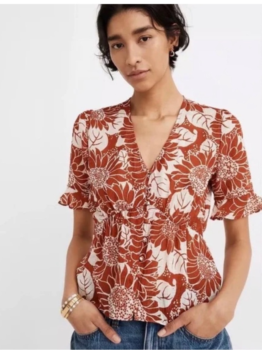 Madewell 100% Silk
Rust Orange Sunflower Button In blouse size S
